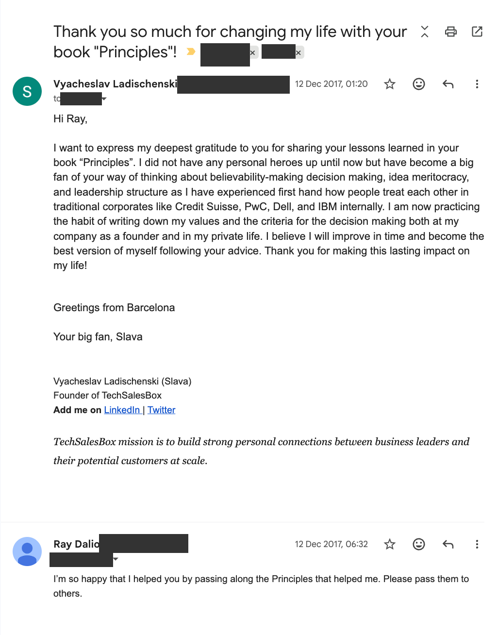 Email exchange with Ray Dalio, December 2017